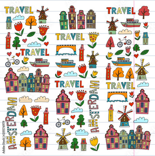 Vector pattern with Amsterdam city House, architecture, mill, tulip. Holland doodle icon