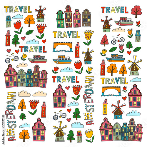 Vector pattern with Amsterdam city House, architecture, mill, tulip. Holland doodle icon