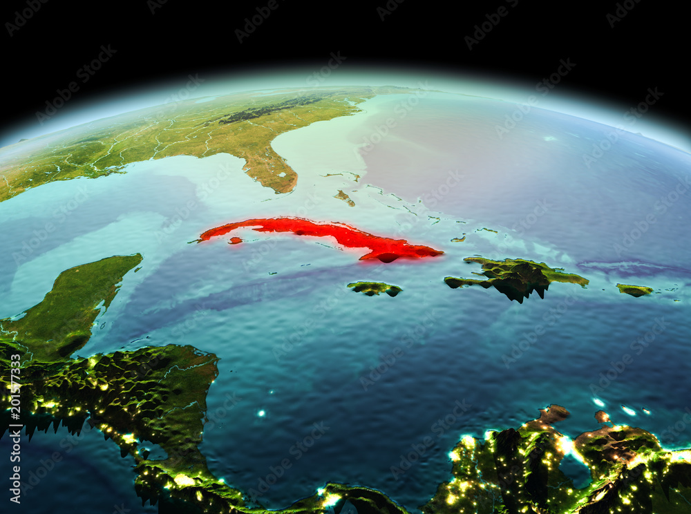Fototapeta premium Cuba on planet Earth in space