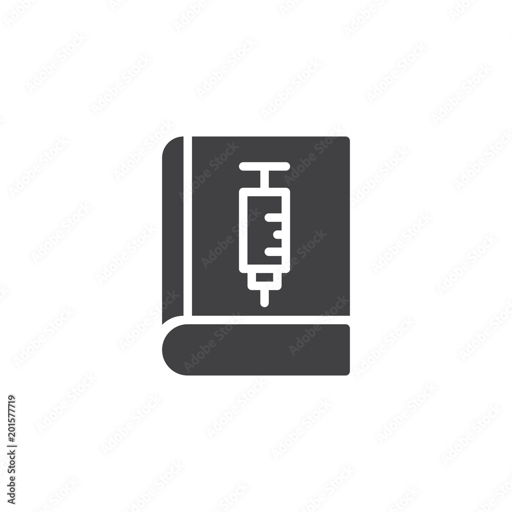 Book with syringe vector icon. filled flat sign for mobile concept and web design. Medical book simple solid icon. Symbol, logo illustration. Pixel perfect vector graphics Book with syringe vector icon. filled flat sign for mobile concept and web design. Medical book simple solid icon. Symbol, logo illustration. Pixel perfect vector graphics