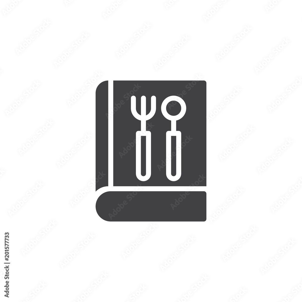 Book with fork and spoon vector icon. filled flat sign for mobile concept and web design. Recipes cookbook simple solid icon. Symbol, logo illustration. Pixel perfect vector graphics Book with fork and spoon vector icon. filled flat sign for mobile concept and web design. Recipes cookbook simple solid icon. Symbol, logo illustration. Pixel perfect vector graphics