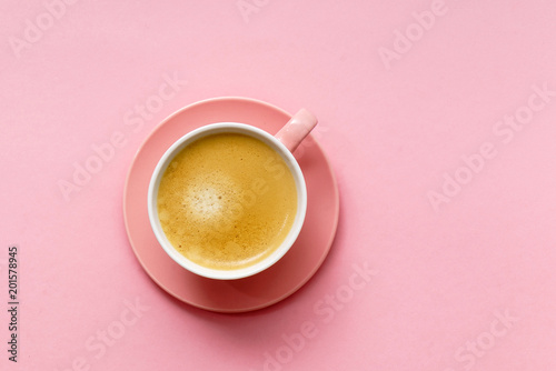 coffee in pink pastel table top view