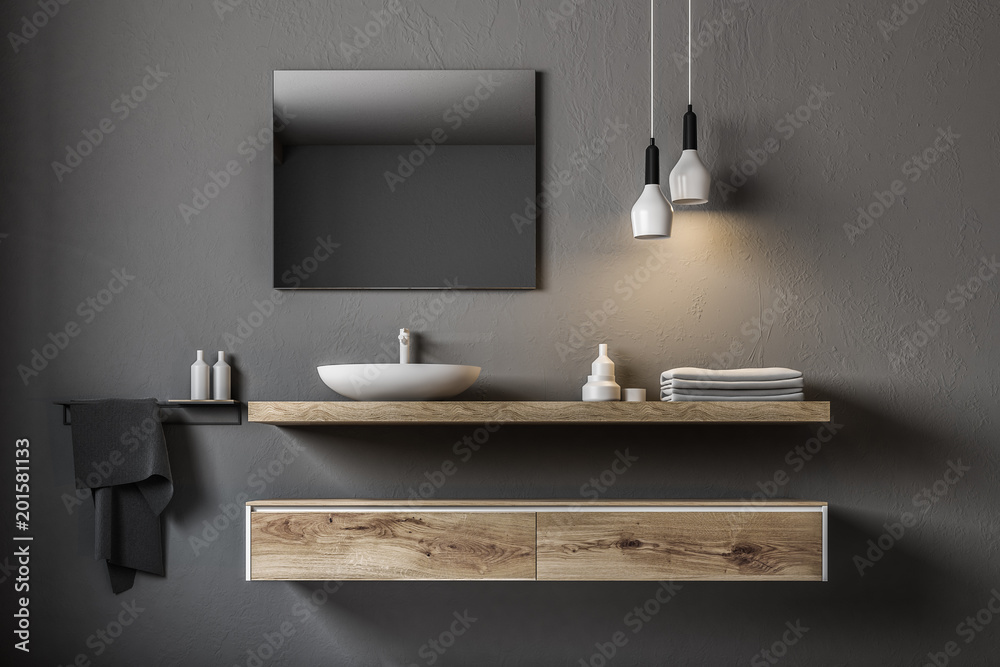 Gray bathroom sink, square mirror - obrazy, fototapety, plakaty 