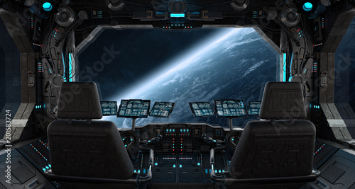 Fototapeta Naklejka Na Ścianę i Meble -  Spaceship grunge interior with view on planet Earth