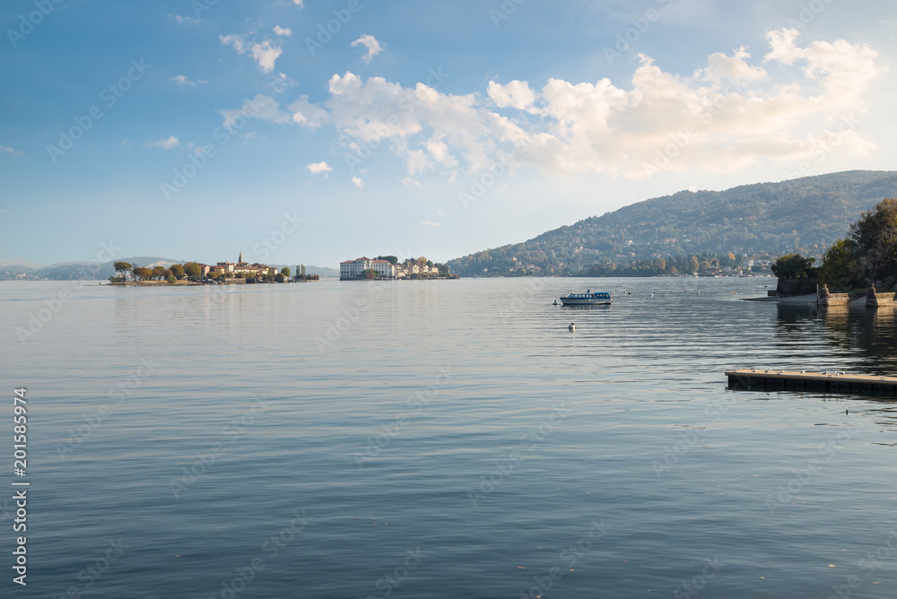 Lake Maggiore, Italy. Isola dei Pescatori (fishermen's island) and Isola Bella (beautiful island) seen from Baveno. Picturesque view of the Borromean Gulf, in the background, on the right, Stresa city