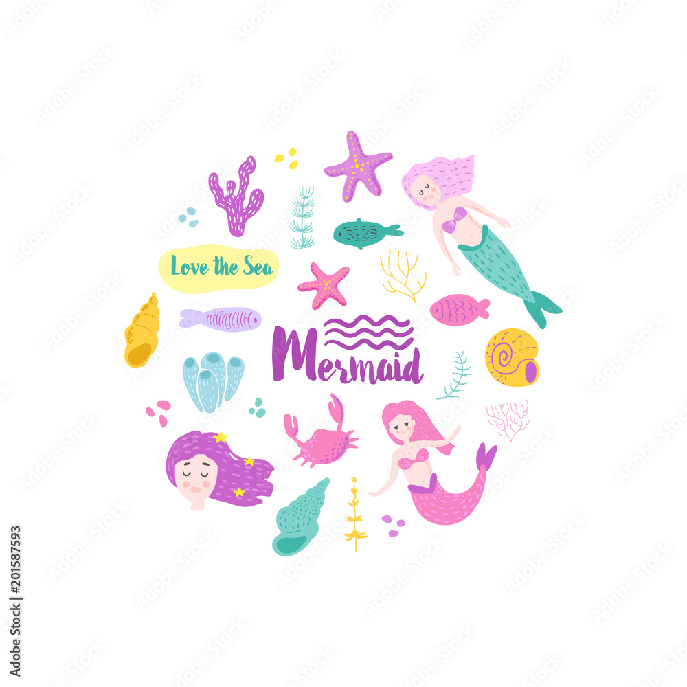 Childish Card with Cute Mermaids and Underwater Creatures