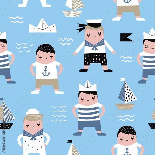 Tapety Dziecinna szwu z żeglarzem chłopca. Tło morskie dzieci z łodzi do tkanin, drukowania, pakowania, tapety. Ilustracji wektorowych