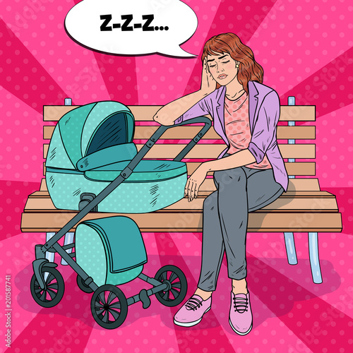 Pop Art Sleepless Young Mother Sitting on the Park Bench with Baby Stroller. Motherhood Concept. Exhausted Woman with Newborn Child. Vector illustration