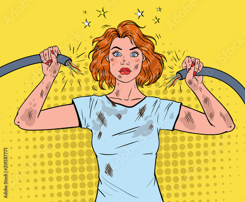 Pop Art Beautiful Woman Holding Broken Electrical Cable after Domestic Accident. Vector illustration
