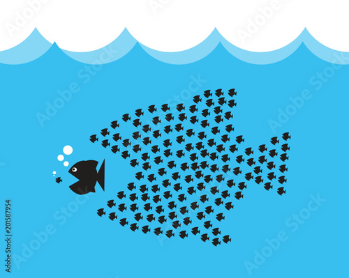 Little Fish Eat Big Fish. Unity, Teamwork, Organize Concept. Fishes unite fight with big fish. vector illustration