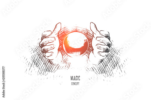 Magic concept. Hand drawn magic trick with hands and ball. Hands of illusionist doing miracle isolated vector illustration.