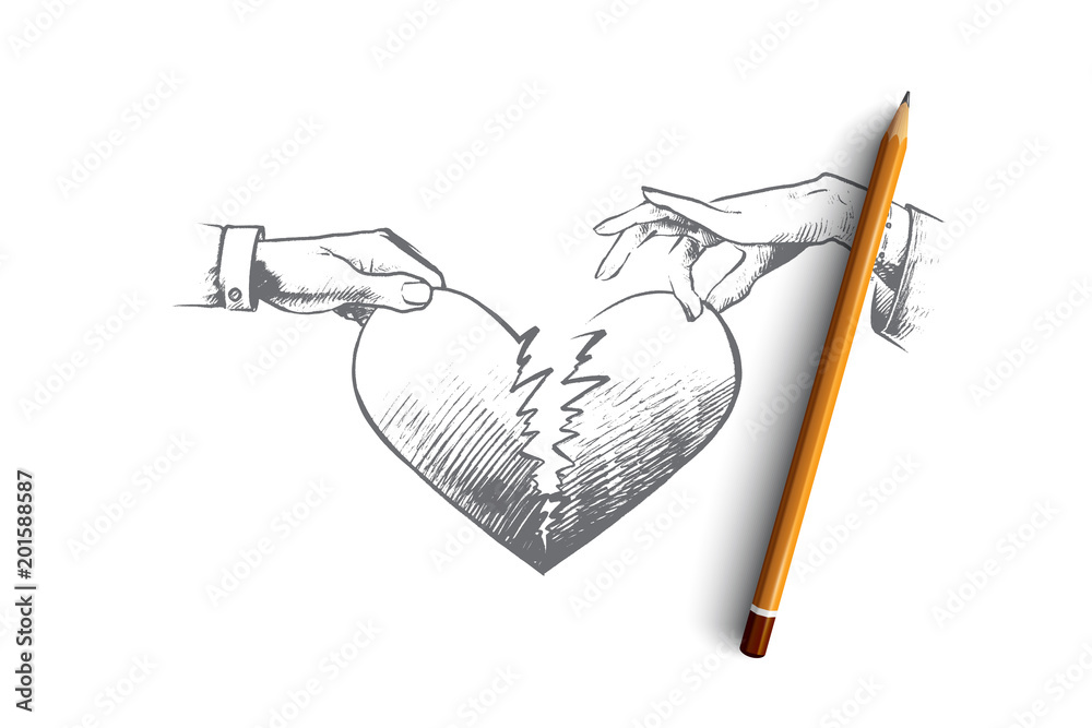 Broken heart concept. Hand drawn man and a woman holding two half of ...