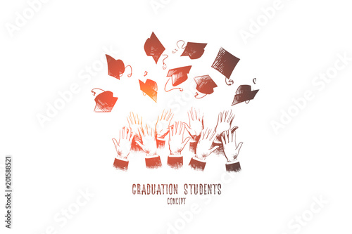 Graduation students concept. Hand drawn hands of students throwing graduation hats in air. Graduation and education concept isolated vector illustration.