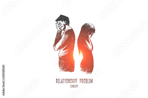 Relationship problem concept. Hand drawn man and woman standing back to back. Unhappy couple in conflict isolated vector illustration.