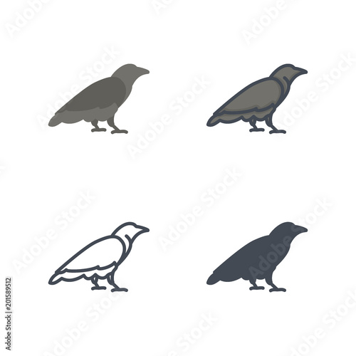 Raven bird halloween vector icon flat silhouette colored line