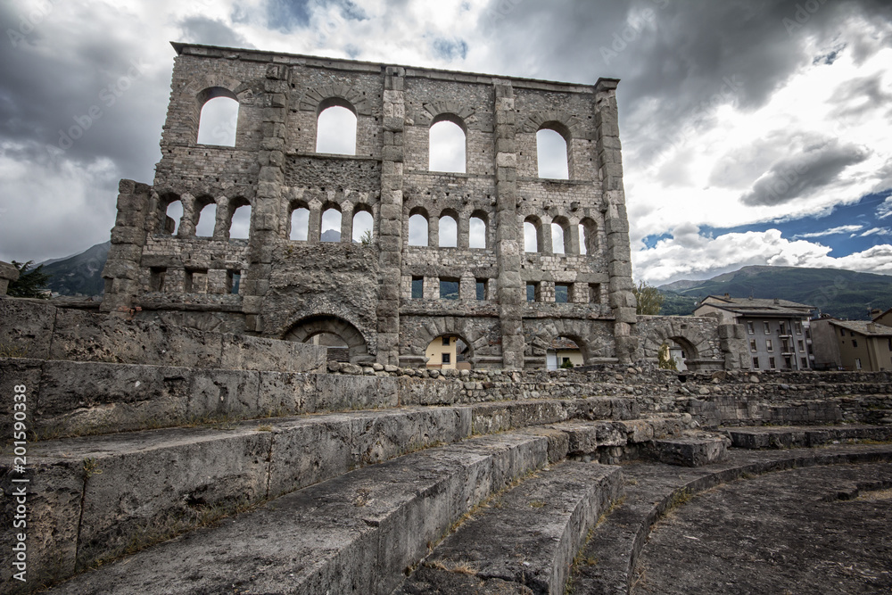 Ancient roman ruins in the city of Aosta, Italy