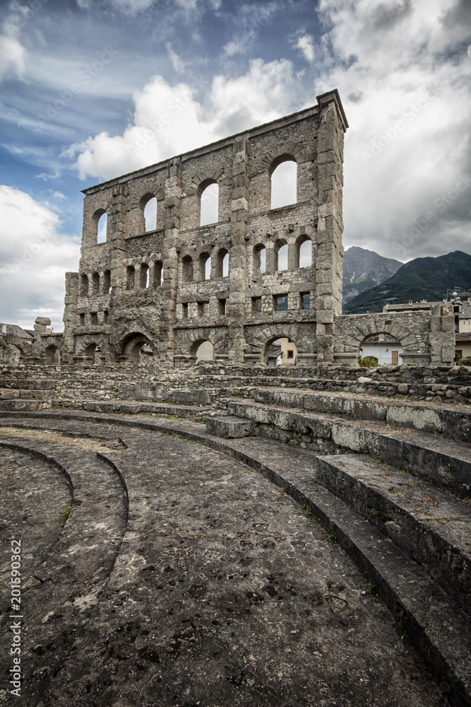 Ancient roman ruins in the city of Aosta, Italy