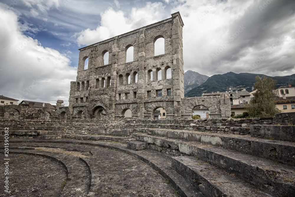 Ancient roman ruins in the city of Aosta, Italy