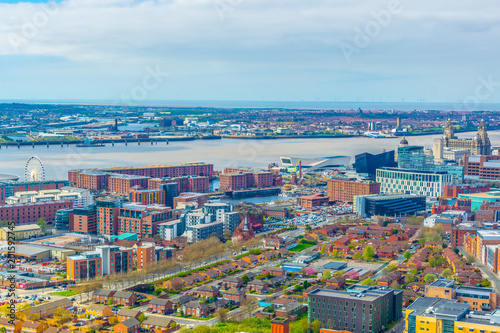 Aerial view of three graces and albert dock in Liverpool, EnglandAerial view of three graces and albert dock in Liverpool, England photo