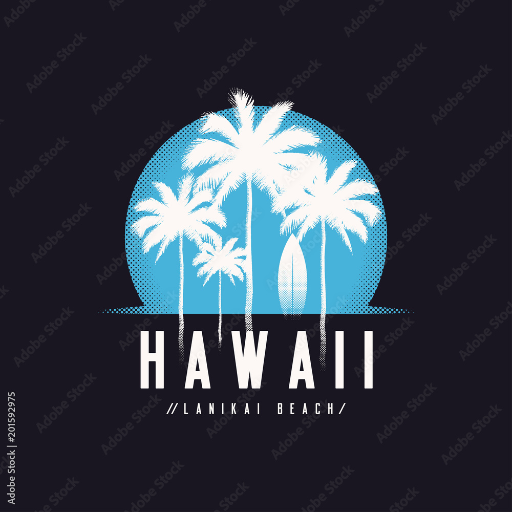 Hawaii Lanikai beach tee print with palm trees, t shirt design, typography, poster.