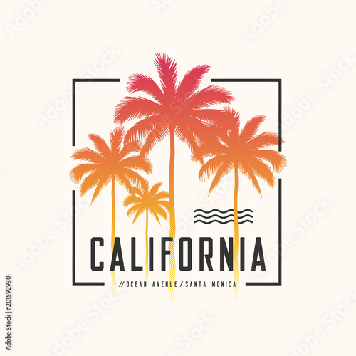 California Ocean Avenue tee print with palm trees, t shirt design, typography, poster.