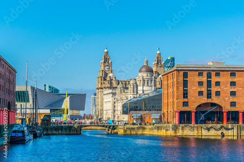 Skyline of Liverpool through albert dock, England photo