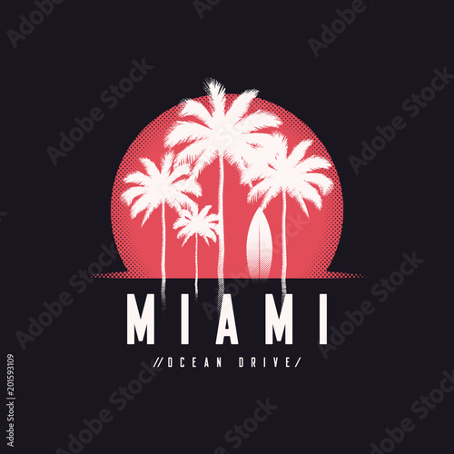 Miami Ocean Drive tee print with palm trees, t shirt design, typography, poster.