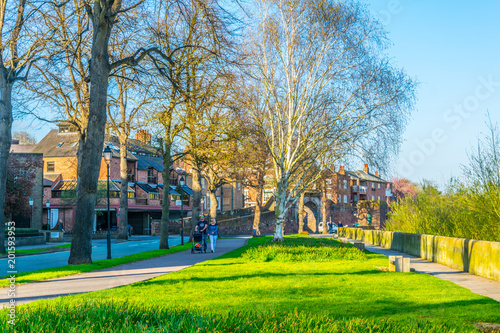 View of residential houses alongside river Dee in Chester, England photo