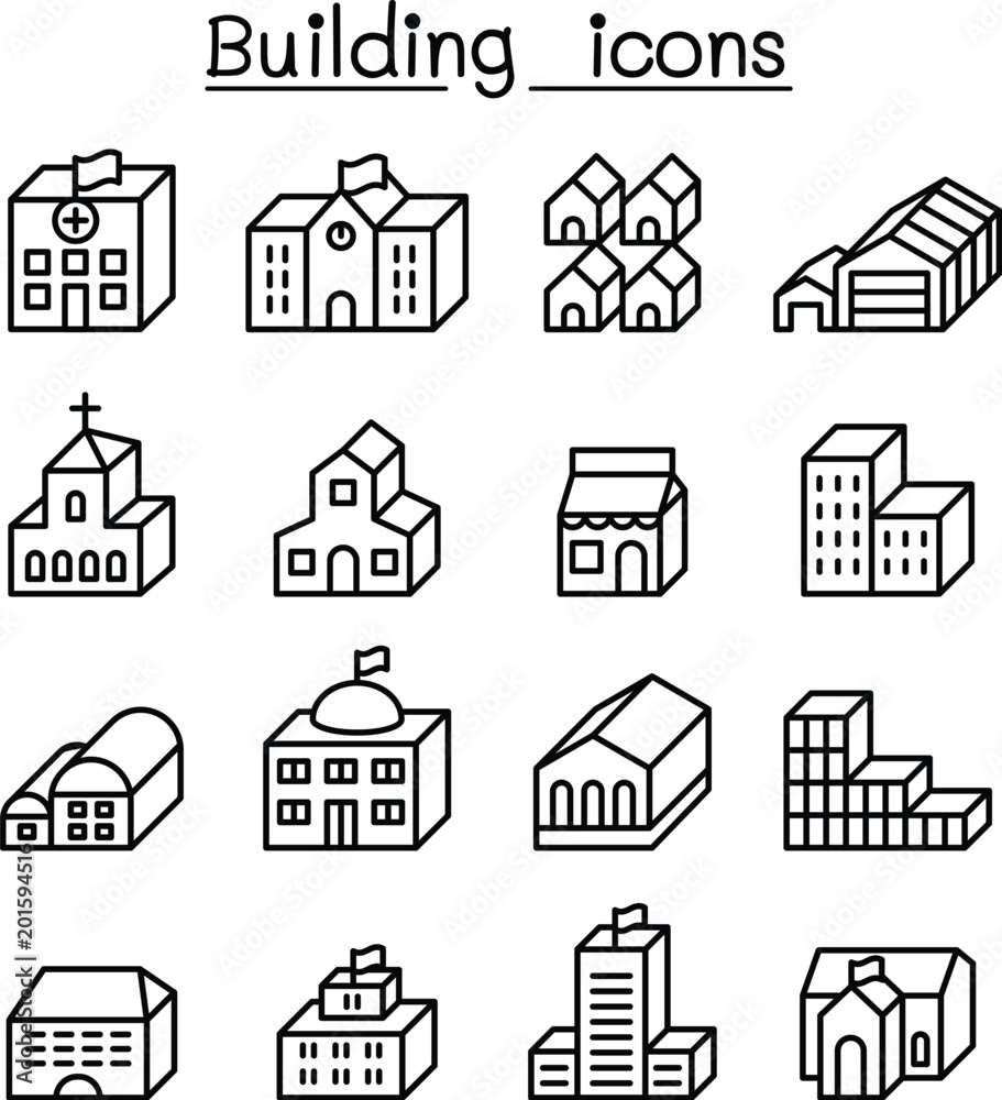 Basic building in 3 dimension icon set thin line style Basic building in 3 dimension icon set thin line style