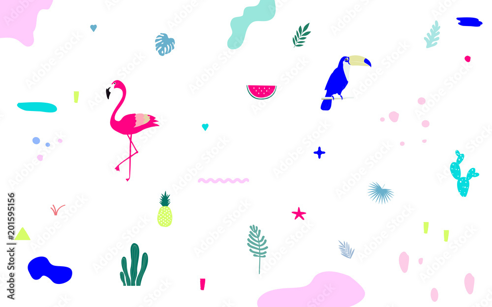 Tropical jungle leaves background with flamingo and toucan. Summer vector illustration design. Flamingo and toucan exotic background poster. Tropical leaves art print