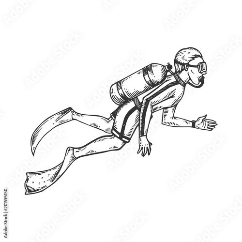 Scuba diver engraving vector illustration