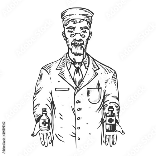 Apothecary with potion engraving vector
