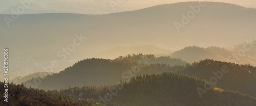 French landscape - Vosges. View from the Grand Ballon in the Vosges (France) towards the Rhine valley and Black Forest (Germany) in the early morning.