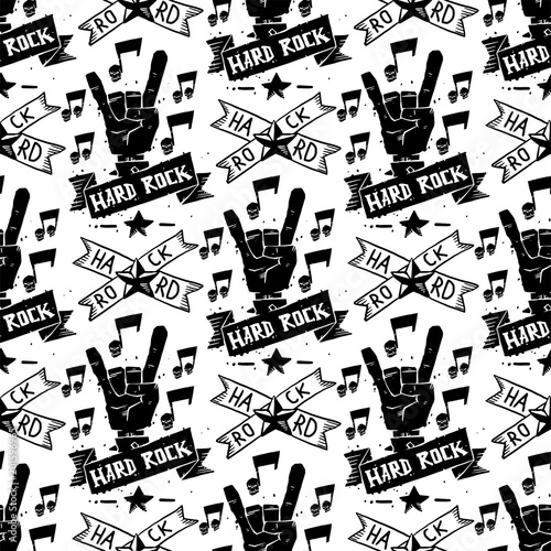 Heavy rock music badge vector vintage label with punk skull seamless pattern background hard sound sticker emblem illustration