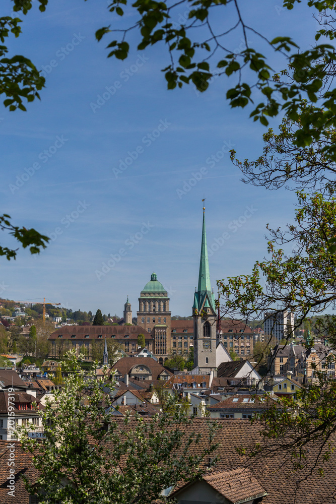 view on Zurich, University of Zurich, Fraumunster Church, blue sky, branches, sunlight