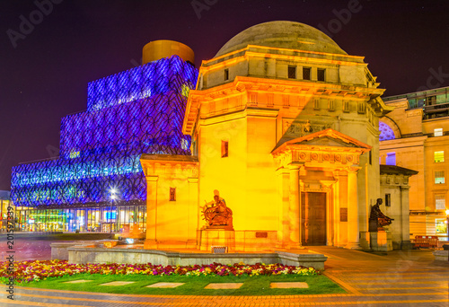 Night view of Hall of Memory and Library of Birmingham, England photo