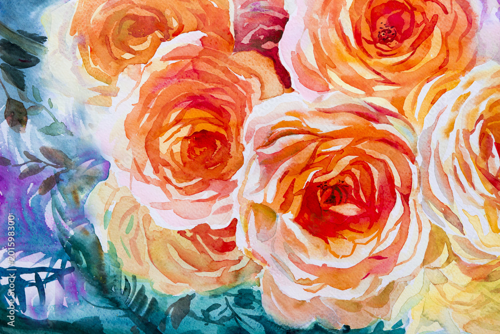 Obraz Malowanie flory sztuka akwarela oryginalny ilustracja pomarańczowy, czerwony kolor róż