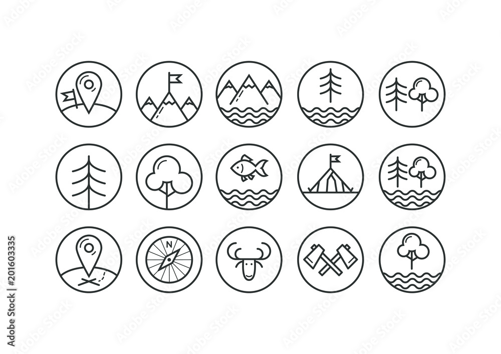 Set of black and white icons on the theme of tourism in the round frame