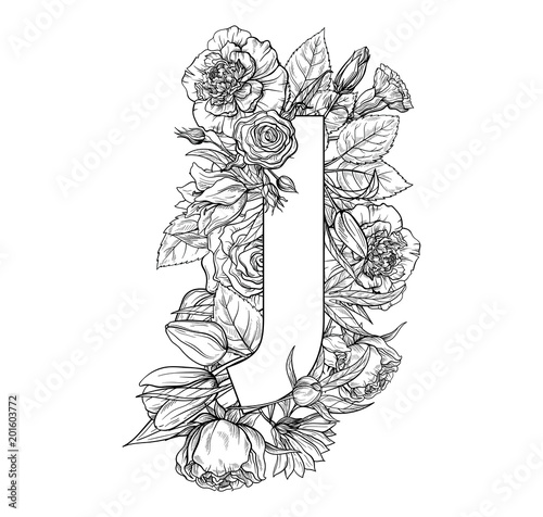 Vintage flower alphabet. Hand drawn vector illustration Isolated on white background. My portfolio have other letters.