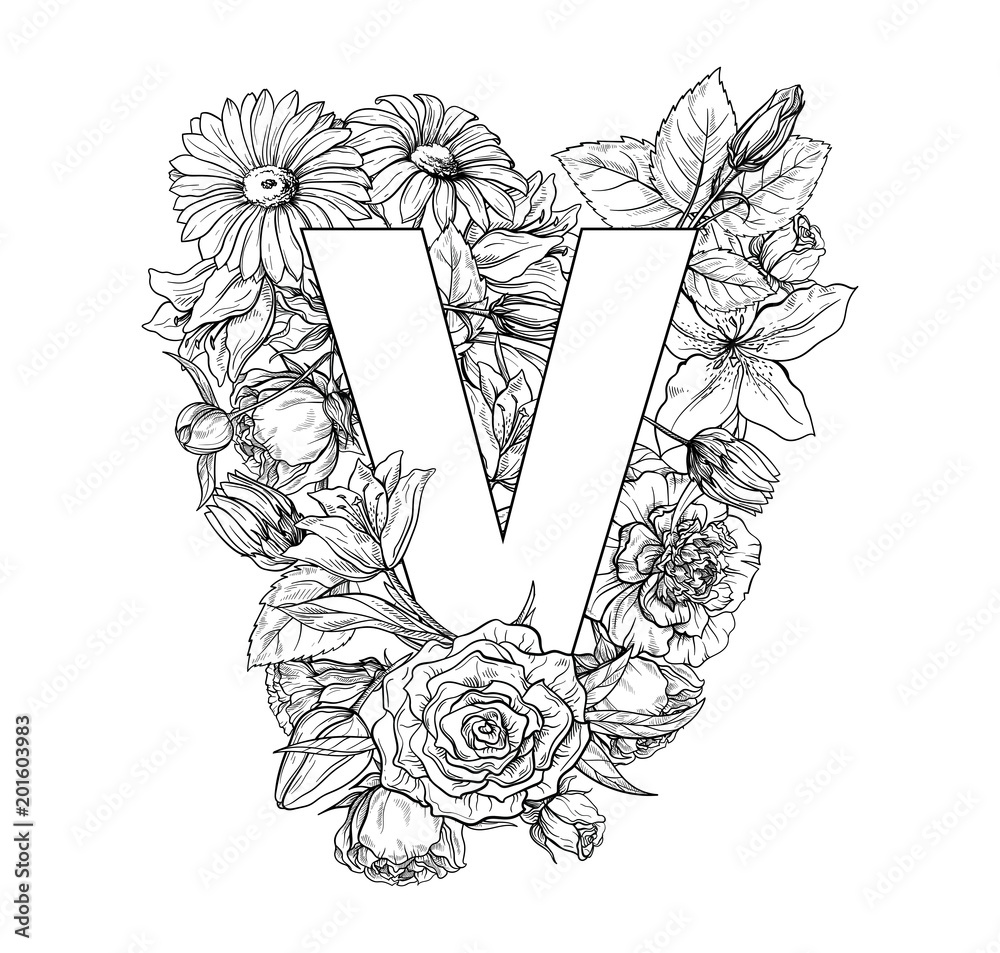 Vintage flower alphabet. Hand drawn vector illustration Isolated on white background. My portfolio have other letters. Stock Vector | Adobe Stock Vintage flower alphabet. Hand drawn vector illustration Isolated on white background. My portfolio have other letters. Stock Vector | Adobe Stock