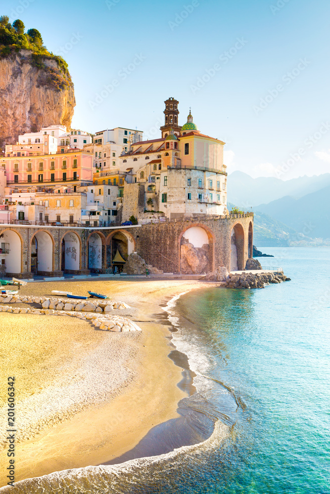 Amalfi cityscape on coast line of mediterranean sea, Italy