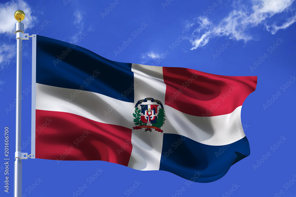 The silk waving flag of Dominican Republic with a flagpole on a blue sky background with clouds .3D illustration.. The silk waving flag of Dominican Republic with a flagpole on a blue sky background with clouds .3D illustration..