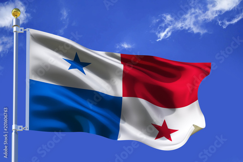 The silk waving flag of Panama with a flagpole on a blue sky background with clouds .3D illustration..