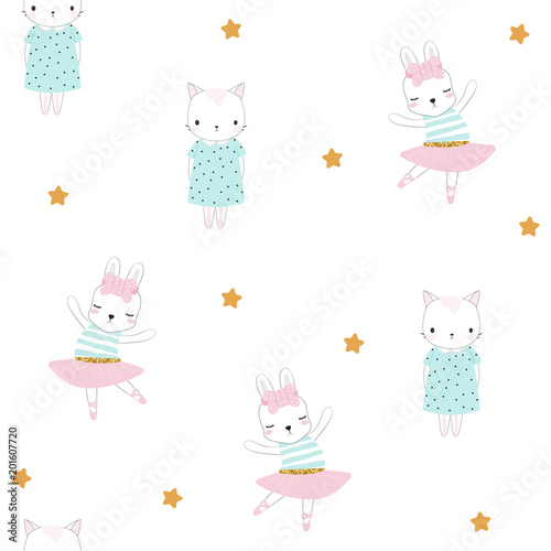 Seamless pattern with cute little bunny and kitten. Vector hand drawn illustration.