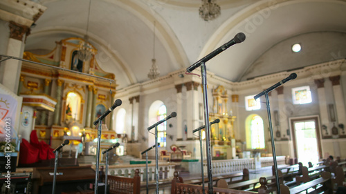 Numerous microphones for the church choir in one of the churches of the Philippines. © Довидович Михаил