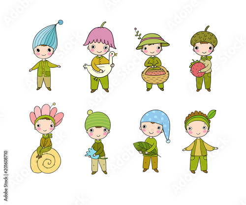 Set with little cute gnomes. Forest elves.