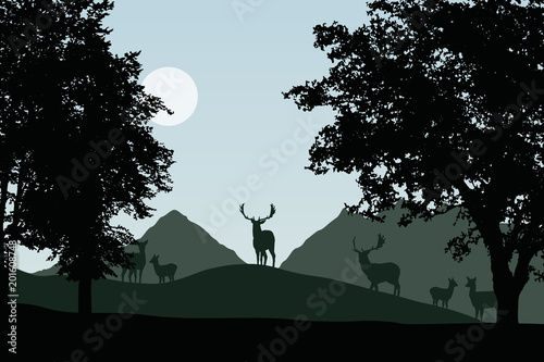 Herd of fallow deer standing under deciduous trees, vector, with sky with sun and space for your text