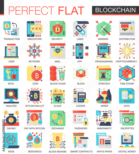 Vector Blockchain technology vector complex flat icon concept symbols for web infographic design.