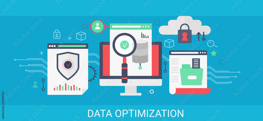 Flat modern vector concept Data optimization banner with icons and text. Flat modern vector concept Data optimization banner with icons and text.