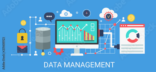 Flat modern vector concept Data management banner with icons and text.
